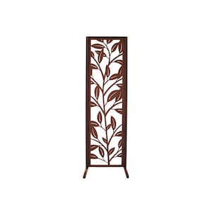 May include: A tall, rectangular, decorative screen with a cut-out leaf and branch design. The screen is made of dark brown metal and stands on two small feet. The leaf pattern is repeated throughout the screen.