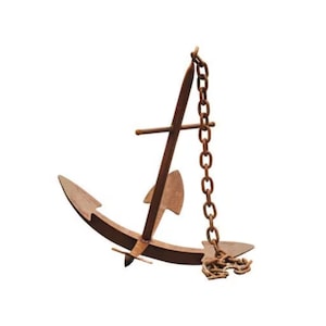 Könnte beinhalten: Ein rostiger Anker aus Metall mit einer Kette. Der Anker ist traditionell gestaltet mit einem Querbalken und einem Arm mit zwei Armen.