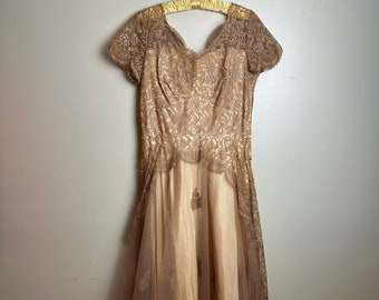 Vintage 1940s Ivory Brown Cream Beige Rhinestone Appliqué Gown Dress Flare Skirt