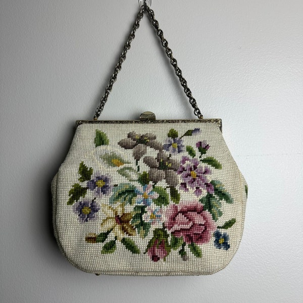 Vintage 1950s Floral Needlepoint Purse Ivory Purple Green Rose Calla Lilly