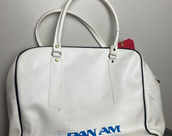 Vintage 1970s Pan Am Airlines White Vinyl Travel Tote Carry on Weekender Bag Portugal Fedders