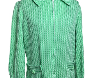 Vintage 1970s Green White checkered square print zip up collared king sleeve blouse top shirt