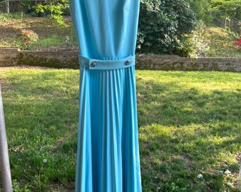 Vintage 1970s Light Blue Dress Gown Pleated Skirt Belted Rhinestone Buttons Sleeveless Mock Neck