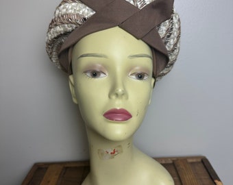 Vintage 1960s Brown White Striped Woven Bow Beret Hat by Mr. John Jr.