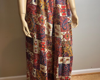 Vintage 1970s Orange Blue Yellow Flower Paisley Wide Leg Palazzo Pants