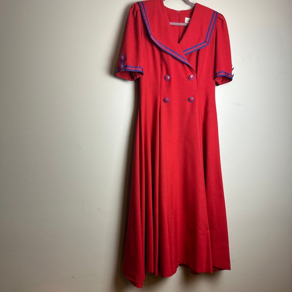 Vintage 1980s Red Blue Midi Dress Leslie Lucks - image 1