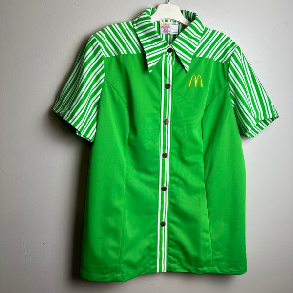 Vintage 1970s Lime Green White McDonald’s Restaurant Uniform Shirt Top Dead Stock