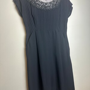 Vintage 1950s Black Midi Dress Floral Lace Boatneck Sleeveless With Pockets