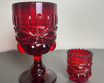 Vintage Fenton Ruby Red Wine Glass Goblet and Small Matching Shot Glass Candle Holder Set