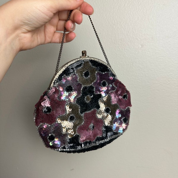 Vintage 1930s Flower Purple Black Pink Gold Sequin Small Top Chain Purse