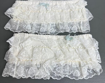 Vintage 1970s White Lace Bridal Leg Garter Set Blue Bow Elastic Oleg Cassini