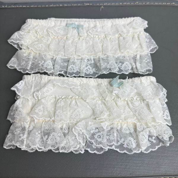 Vintage 1970s White Lace Bridal Leg Garter Set Blue Bow Elastic Oleg Cassini