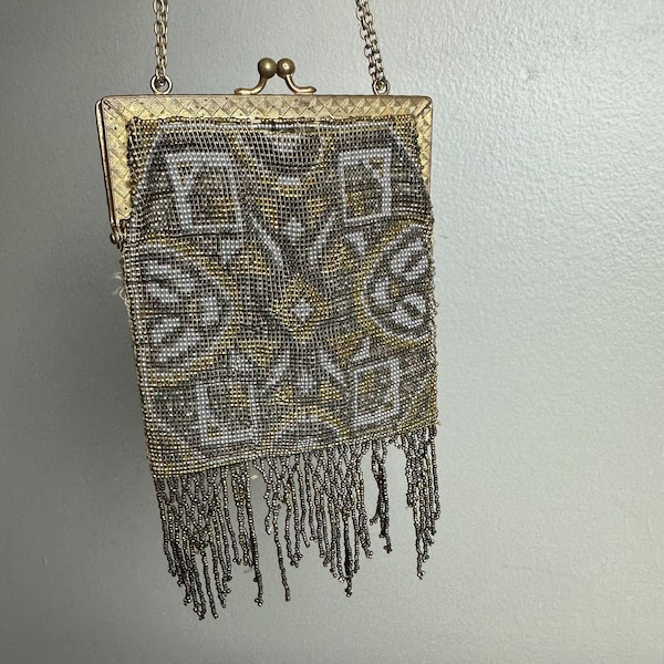 Antique Edwardian Era 1900 Steel Beaded Gold Silver Tone Art Nouveau Purse