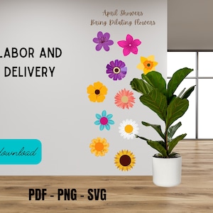 May include: A white wall with the text "LABOR AND DELIVERY" and the phrase "April Showers Bring Dilating Flowers" written in brown text. There are nine colorful flower illustrations on the wall. The flowers are yellow, pink, purple, blue, and white. A potted plant with green leaves is in the foreground.