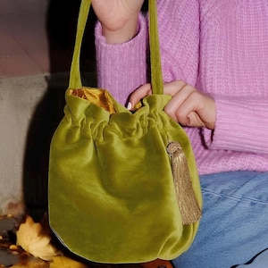 Olive Green Velvet Mini Bucket Bag with Tassel | Handmade Evening Bag | Sustainable Statement Purse