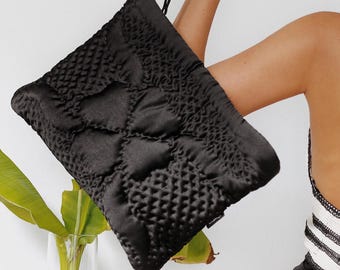 Handmade Black Satin Quilted Clutch, Floral Embroidered Evening Bag