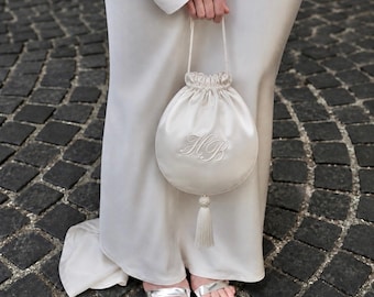 Personalized Ivory Satin Bridal Bag, Embroidered Drawstring Clutch, Monogram Accessory