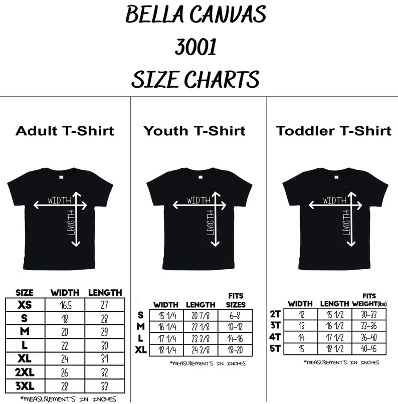 May include: Bella Canvas 3001 size chart for adult, youth, and toddler t-shirts. The chart shows the width and length measurements in inches for each size. The chart also includes the corresponding age range for each size.