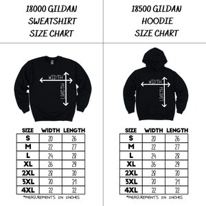 May include: Size chart for Gildan 18000 sweatshirt and 18500 hoodie. The chart shows measurements in inches for width and length for sizes S, M, L, XL, 2XL, 3XL, and 4XL.