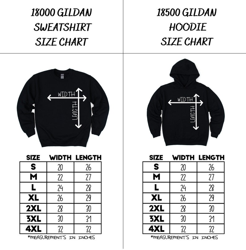 May include: Size chart for Gildan 18000 sweatshirt and 18500 hoodie. The chart shows measurements in inches for width and length for sizes S, M, L, XL, 2XL, 3XL, and 4XL.