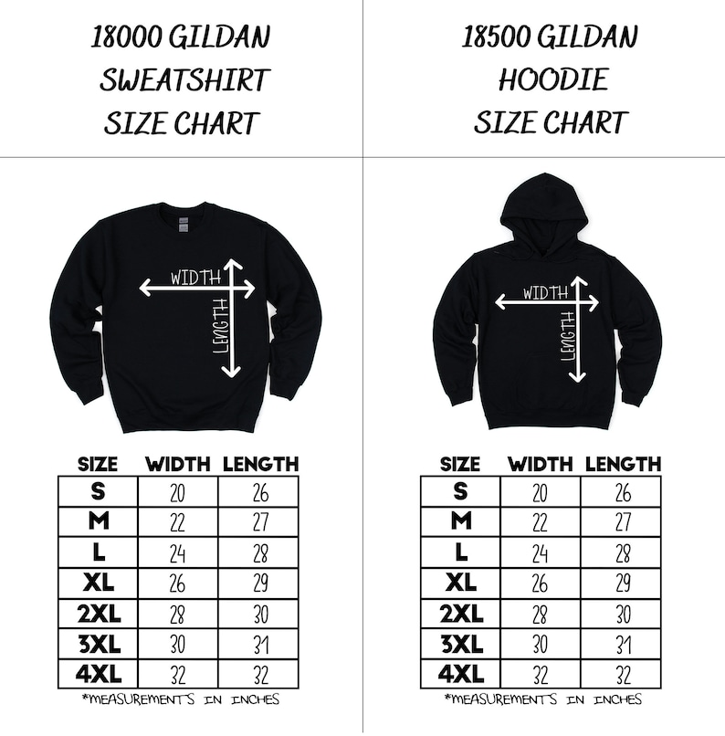 May include: Size chart for Gildan 18000 sweatshirt and 18500 hoodie. The chart shows measurements in inches for width and length for sizes S, M, L, XL, 2XL, 3XL, and 4XL.