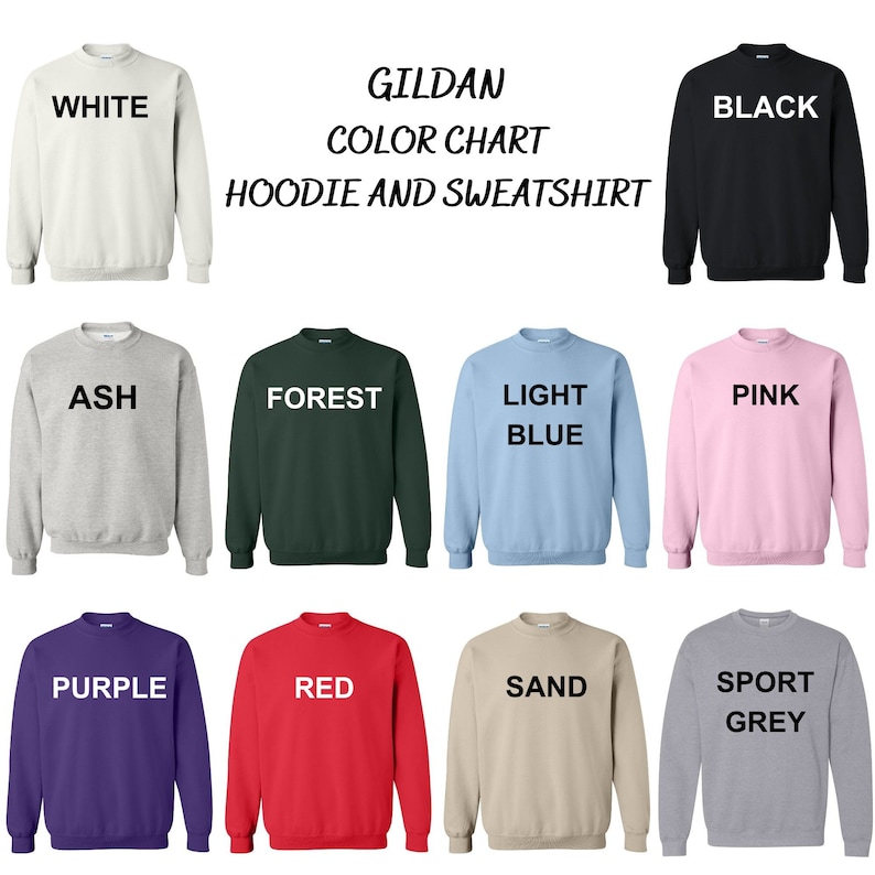 May include: Color chart for Gildan hoodies and sweatshirts. The chart shows 12 different colors: white, black, ash, forest, light blue, pink, purple, red, sand, and sport grey.
