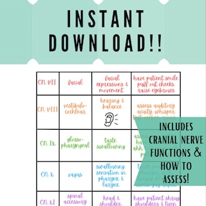 以下が含まれることがあります： ターコイズブルーの背景と白いグリッドラインを持つカラフルなチャート。チャートには、12の脳神経、その機能、および評価方法がリストされています。チャートには、脳神経の順序を覚えるためのニーモニックが含まれています。テキスト「INCLUDES CRANIAL NERVE FUNCTIONS & HOW TO ASSESS!」はターコイズブルーのボックス内にあります。