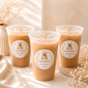 Sticker rond Baby Shower personnalisé – Thème Ours Teddy – Prénom & Date – Autocollant pour écocup, gobelet et décoration