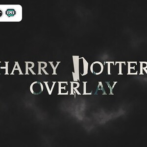 Op de afbeelding: Een donkere achtergrond met de woorden "HARRY POTTER OVERLAY" in een gestileerd lettertype. Het woord "POTTER" heeft een bliksemontwerp. De overlay is ontworpen voor streaming.