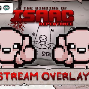 Puede incluir: Una superposición de transmisión de videojuegos roja y blanca con el título "The Binding of Isaac: Repentance" y dos personajes pixelados que dan el pulgar hacia arriba. La superposición tiene un fondo marrón con un borde blanco.