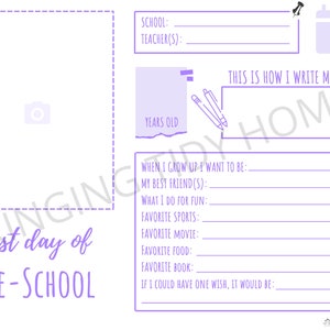 First Day of School: Grade Memory Box Sheets - Purple