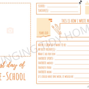First Day of School: Grade Memory Box Sheets - Orange