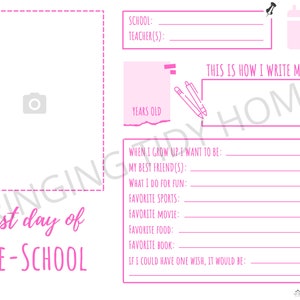 First Day of School: Grade Memory Box Sheets - Pink
