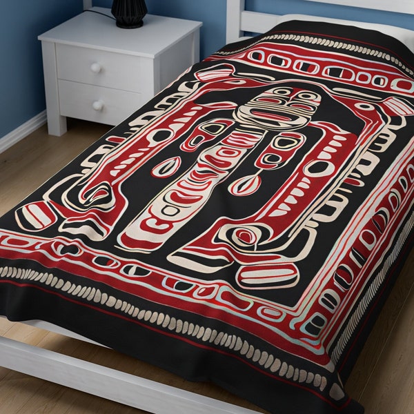Throw Blanket Native American Haida Style, Soft Plush Velveteen Blanket, Decorative Blanket, Queen Size