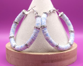 Heishi Clay Beads Bracelet | Sterling Silver Hoops | Light Blue & White Marbled Beads | Large Hoop Earrings | Statement Earrings | Gifts
