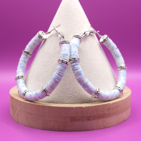 Heishi Clay Beads Bracelet | Sterling Silver Hoops | Light Blue & White Marbled Beads | Large Hoop Earrings | Statement Earrings | Gifts