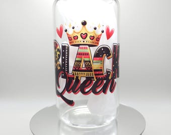 Vaso de vidrio Black Queen de 444 ml con tapa de bambú / Vaso con diseño afrocentrista / Taza con diseño de corona / Regalo para mujeres negras / Vasos