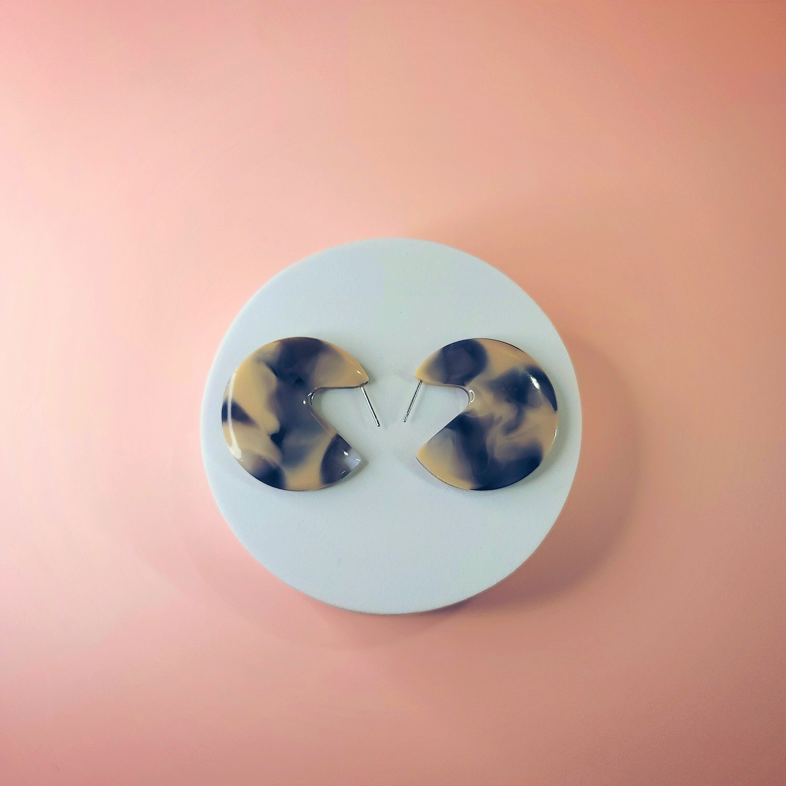 Resin Earrings | Black & Tan Marbled Discs | Large Earrings | African Earrings |