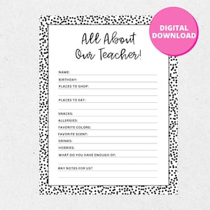 Teacher Favorite Things Questionnaire, Meet The Teacher Questions, Room Mom Teacher Template, All About My Teacher Printable, Teacher Survey