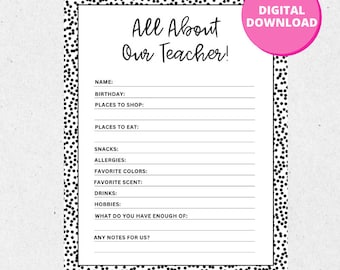 Teacher Favorite Things Questionnaire, Meet The Teacher Questions, Room Mom Teacher Template, All About My Teacher Printable, Teacher Survey