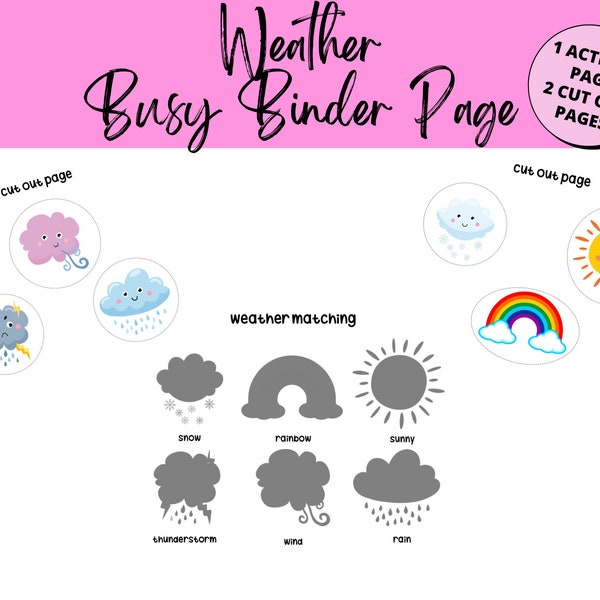 Toddler busy book, weather printable, busy book weather, weather worksheet, quiet book, learning about the weather, weather worksheet