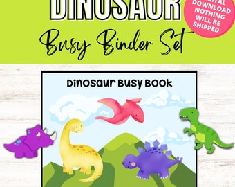 Puede incluir: Un conjunto de carpetas de actividades de dinosaurios para imprimir con una ilustración colorida de dinosaurios en una colina verde. El texto "Dinosaur Busy Book" está en la parte superior de la página.