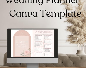 May include: A computer monitor displays a wedding planning checklist template. The screen shows a pink and white design with the text "12 Month Wedding Checklist" and "Wedding Planner Canva Template". A mouse and keyboard are visible on the desk.
