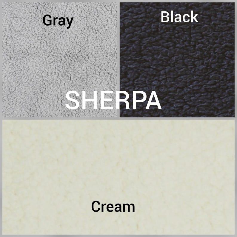 May include: A display of sherpa fabric swatches in three distinct colors. The top left section is gray, the top right section is black, and the bottom section is cream. The word SHERPA is printed in white text across the center of the image.