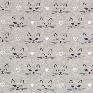 May include: A light gray fabric featuring a repeating pattern of dark gray cat faces and small white hearts. The cat faces display various expressions, including winking, smiling, and closed eyes, all rendered in a simple, hand-drawn line style.