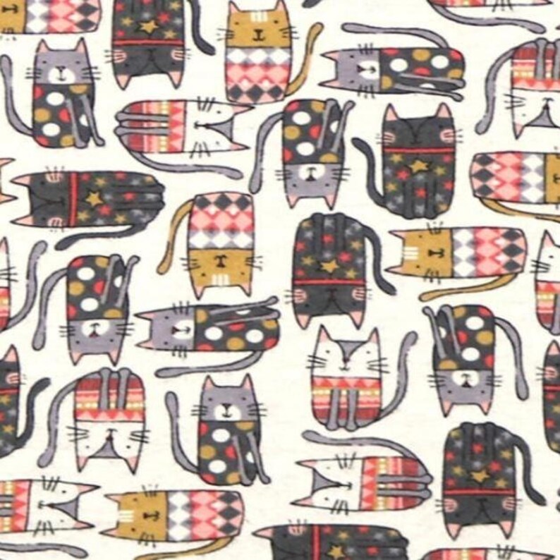 May include: A fabric pattern featuring a repeating print of stylized cats in various orientations. The cats are decorated with colorful geometric shapes, polka dots, and star motifs in shades of gray, black, orange, red, and white on a cream background.