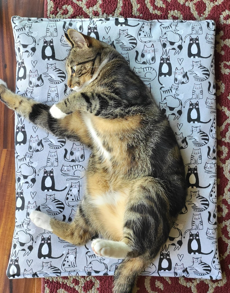 May include: A rectangular pet mat featuring a repeating pattern of black and white cartoon cats and small hearts on a light gray background. A brown tabby cat with white paws and a white chest is lying on its side across the center of the mat.