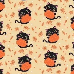 May include: A repeating pattern on a light beige background featuring black cats with green eyes holding orange pumpkins, interspersed with small orange and brown autumn leaves and white dots, creating a festive seasonal design.
