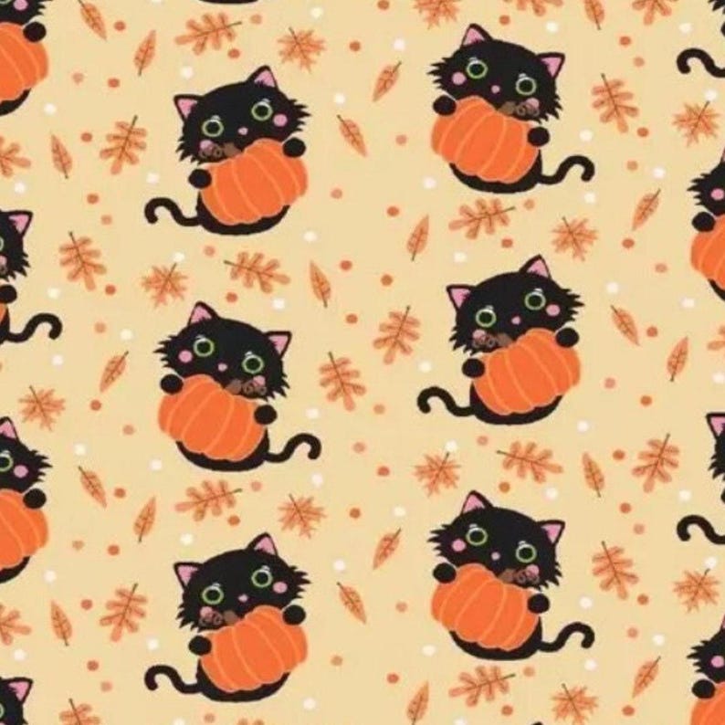 May include: A repeating pattern on a light beige background featuring black cats with green eyes holding orange pumpkins, interspersed with small orange and brown autumn leaves and white dots, creating a festive seasonal design.