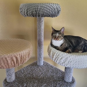 May include: A multi-level cat tree featuring three circular platforms covered in textured dimpled fabric in shades of gray, tan, and white. The support posts are wrapped in gray carpet, and a brown tabby cat rests on the white top platform.